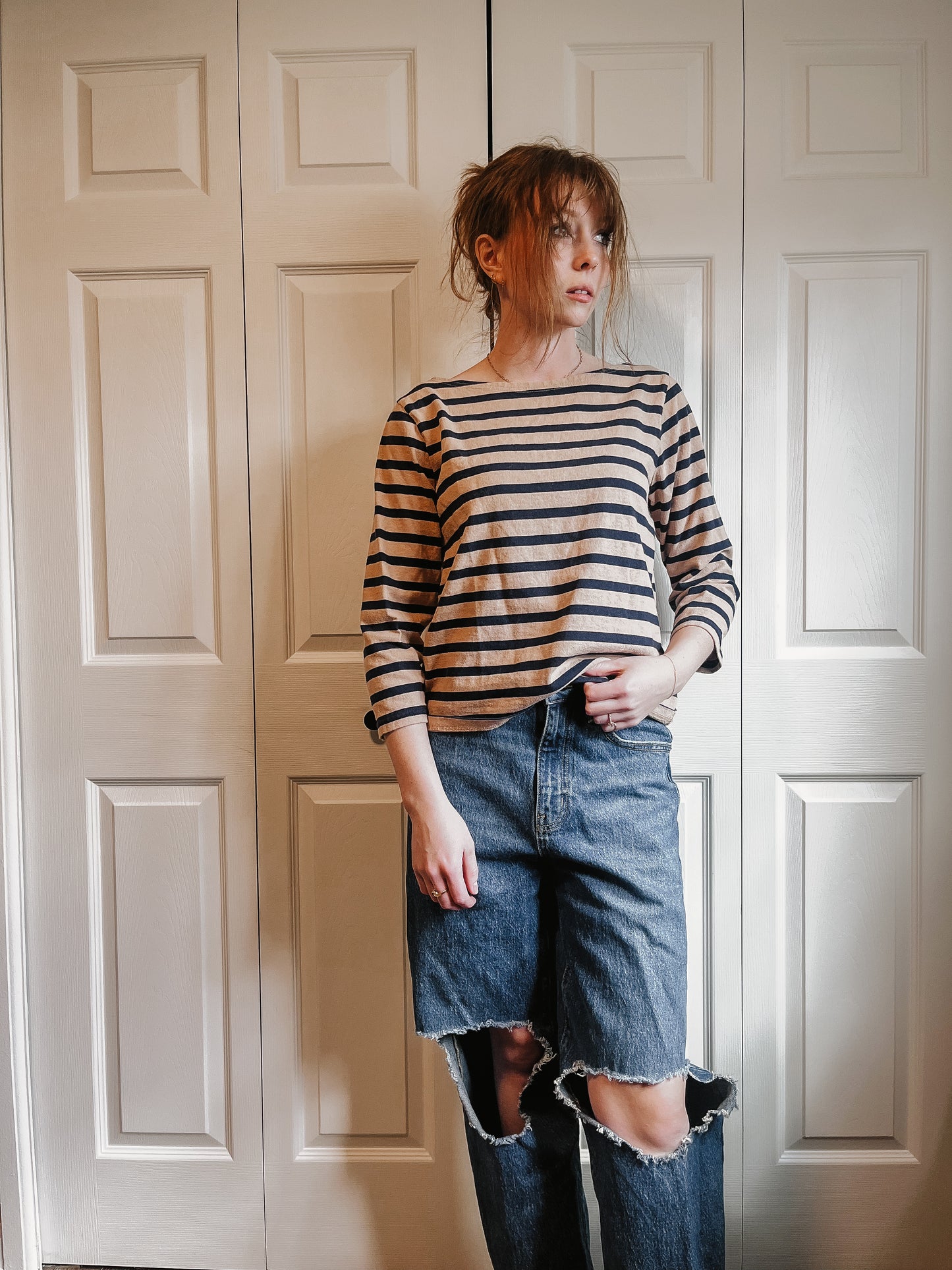 3/4 Navy and Tan Striped Top