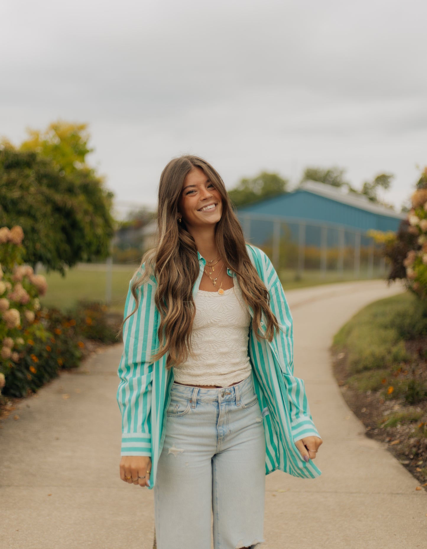 Floral striped button up top