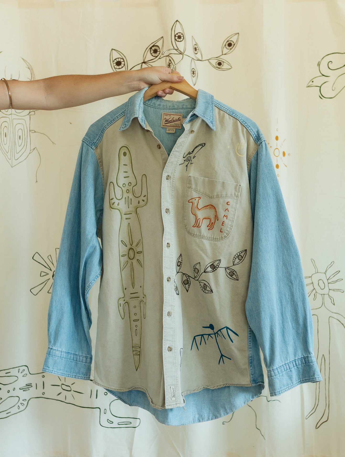 Denim & tan long sleeve button- Earth in outlines