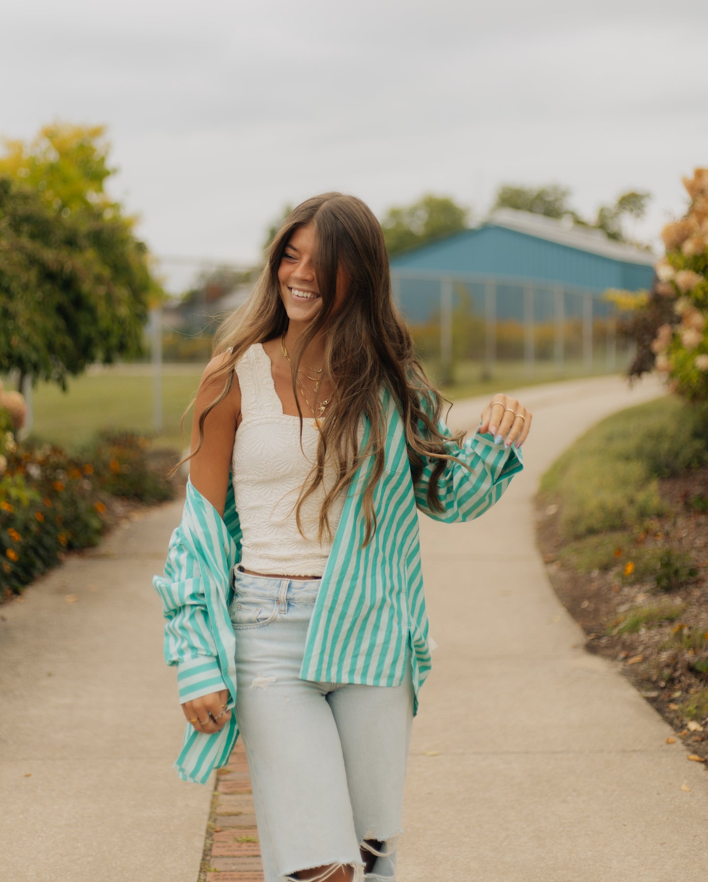 Floral striped button up top