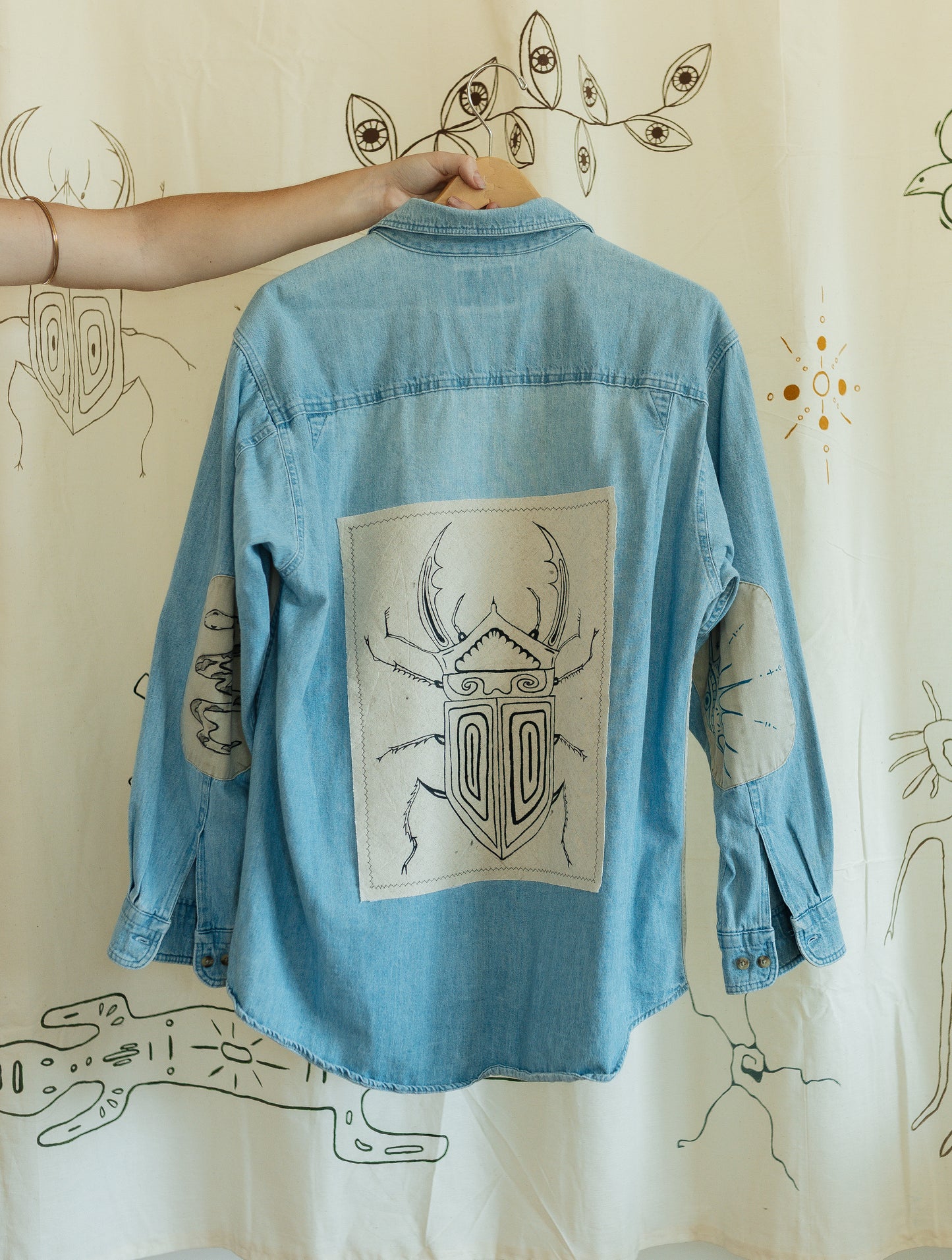 Denim & tan long sleeve button- Earth in outlines
