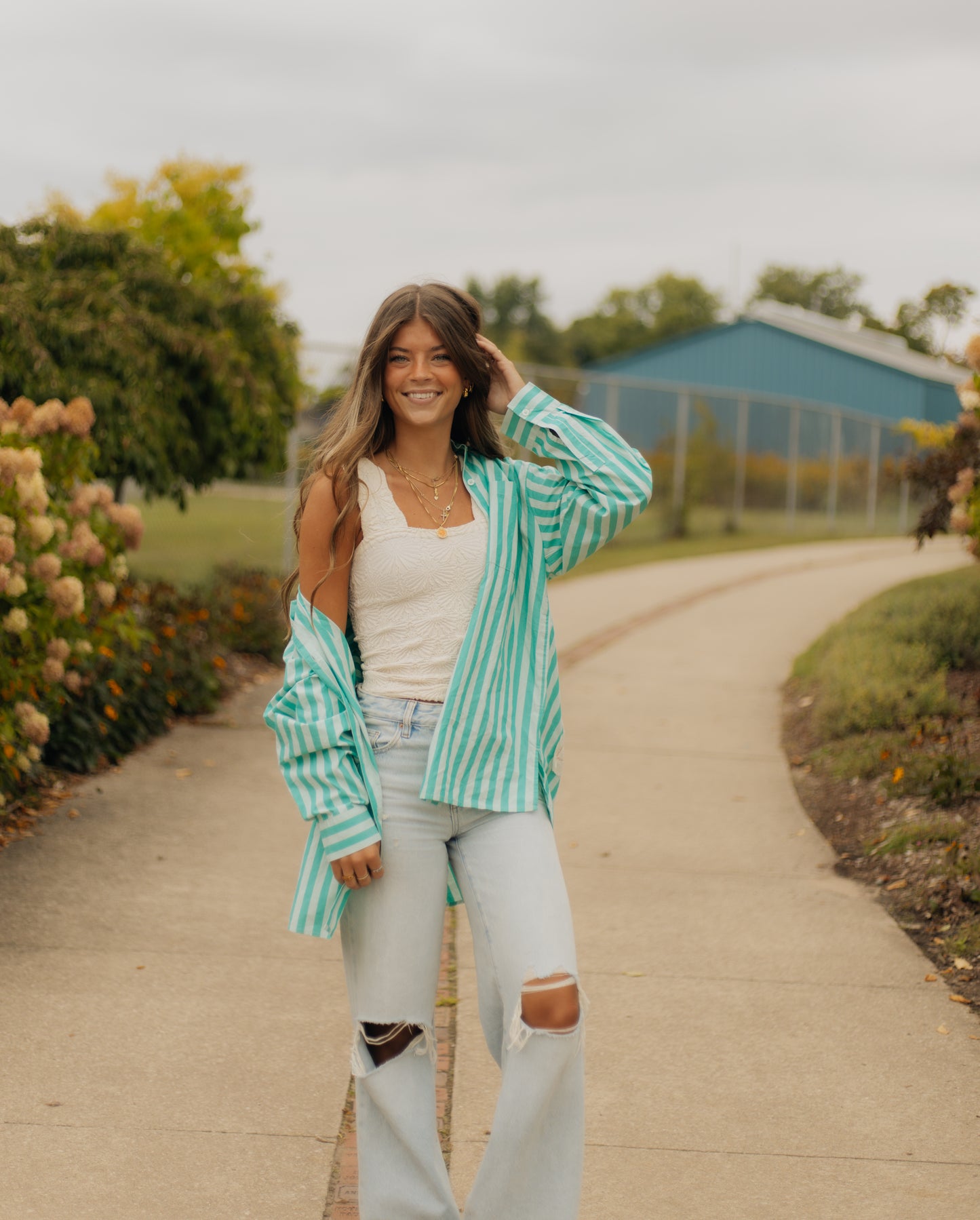 Floral striped button up top