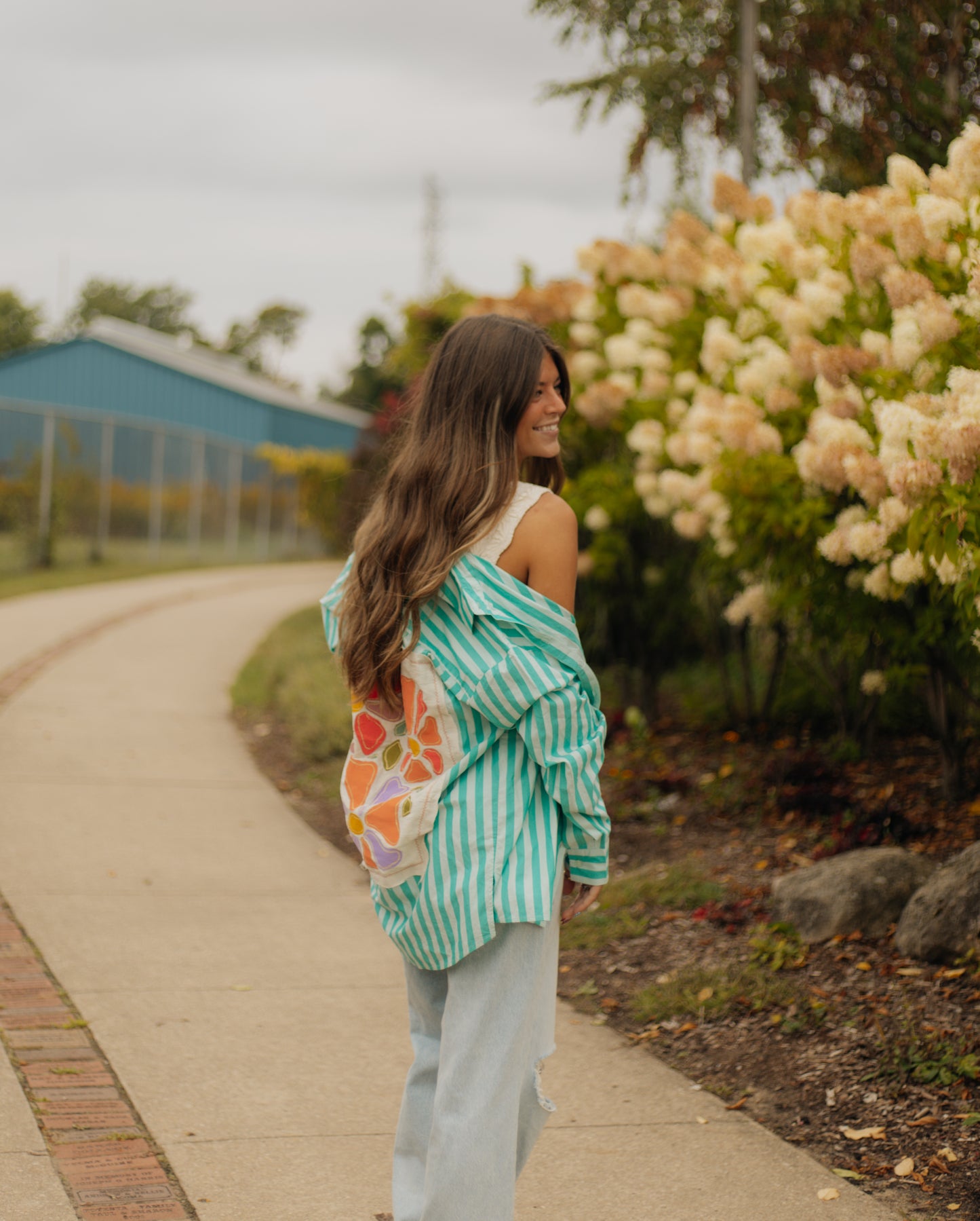 Floral striped button up top