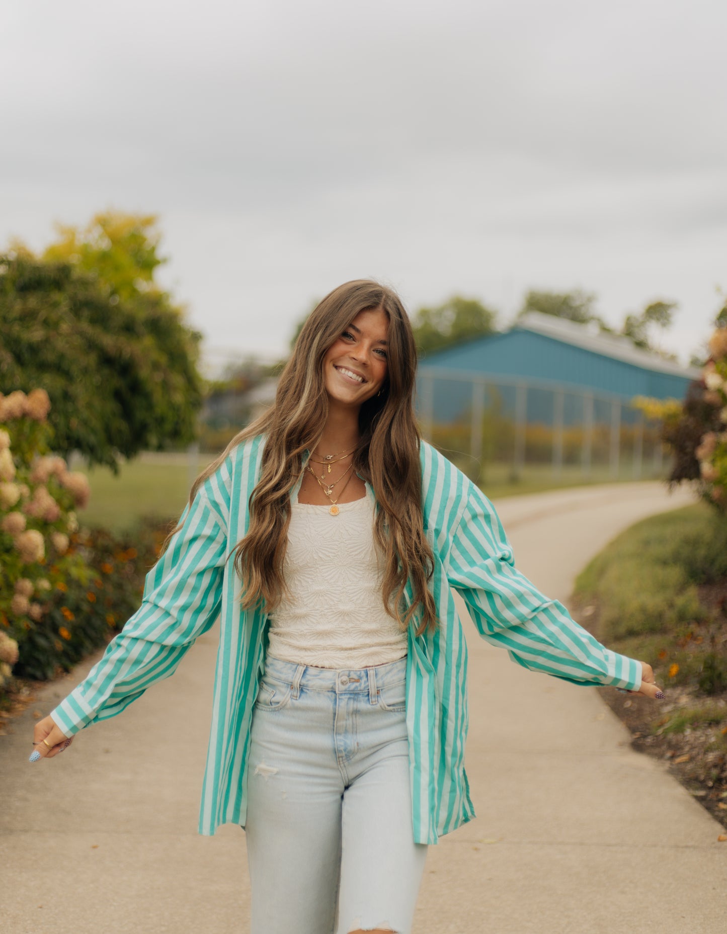 Floral striped button up top