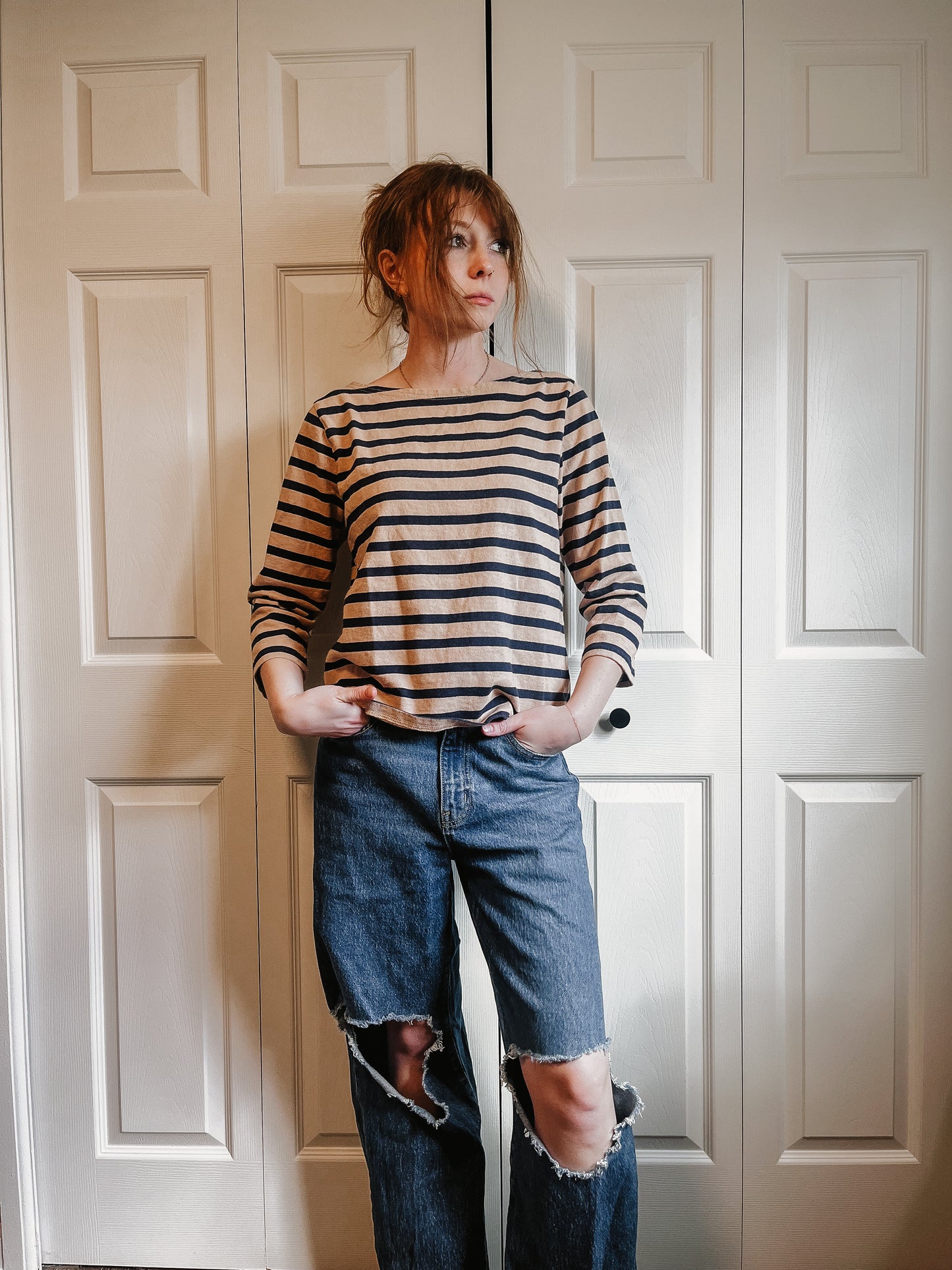3/4 Navy and Tan Striped Top
