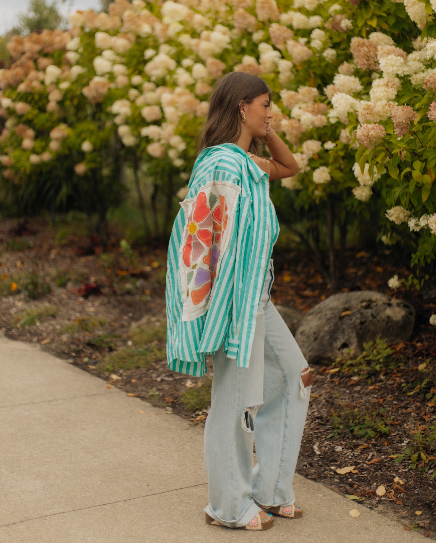 Floral striped button up top