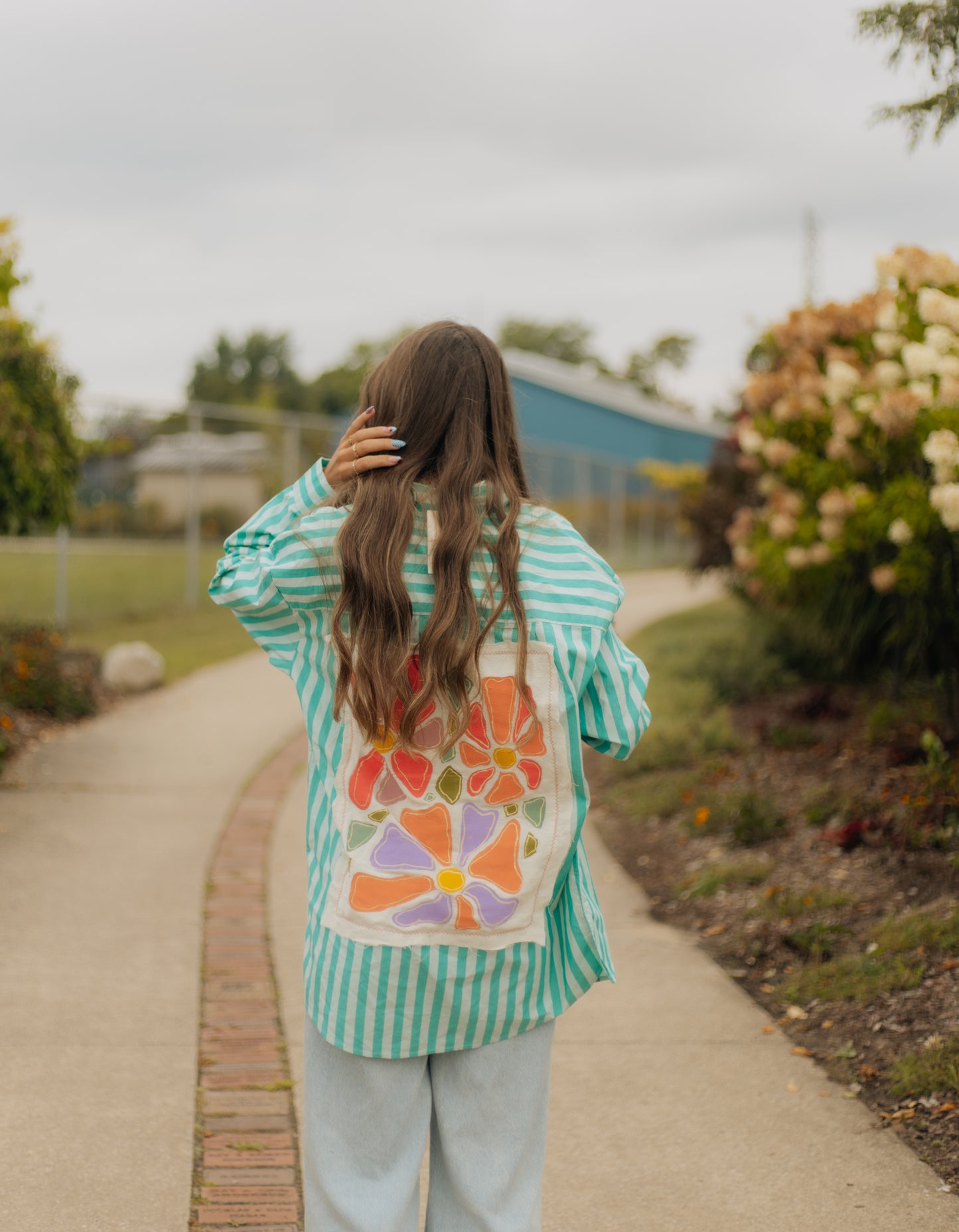Floral striped button up top
