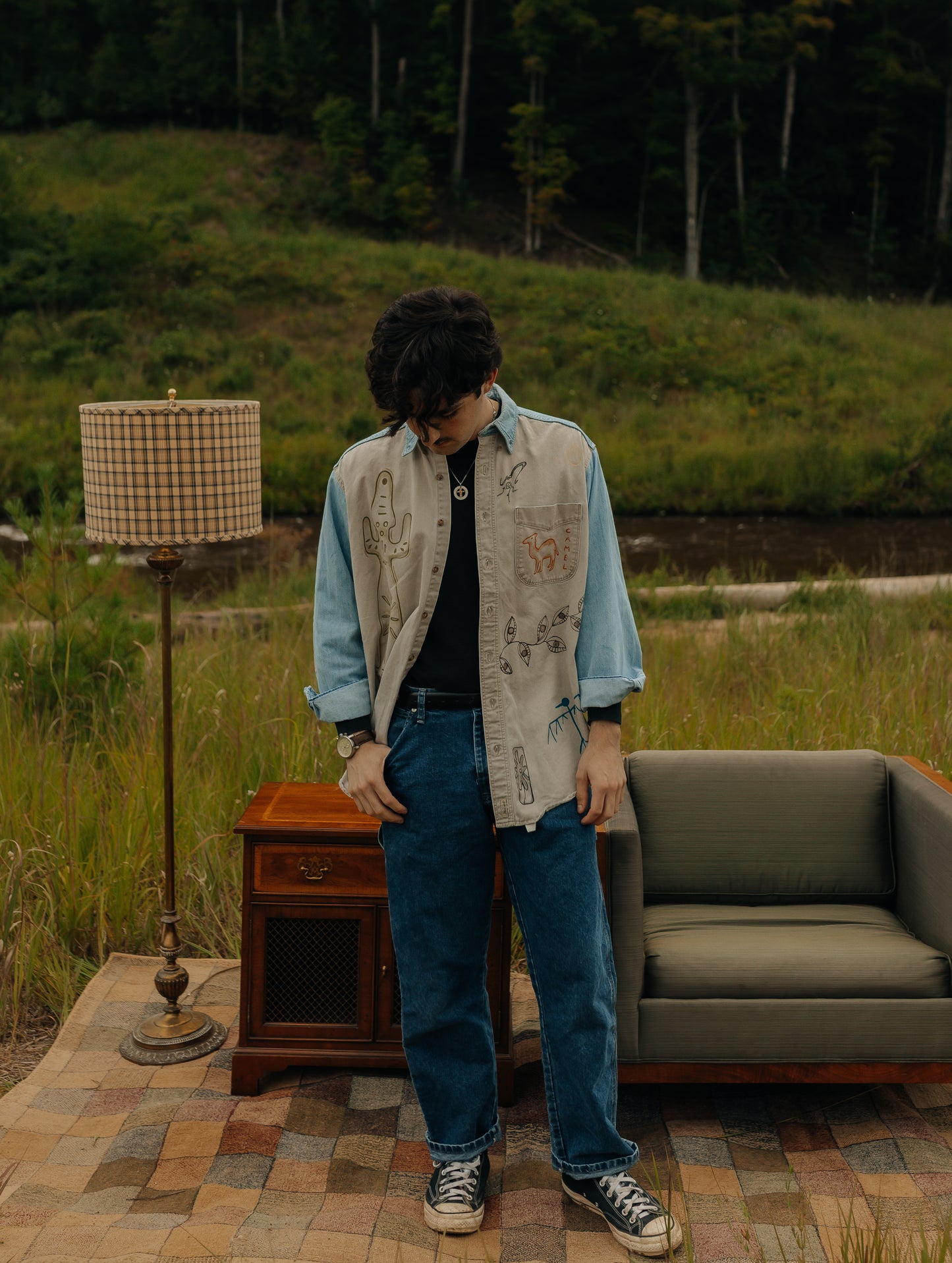 Denim & tan long sleeve button- Earth in outlines