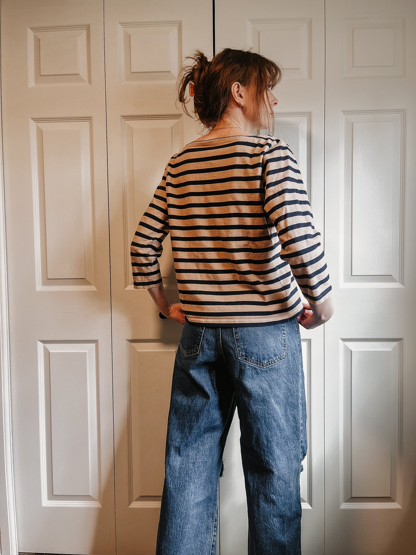 3/4 Navy and Tan Striped Top