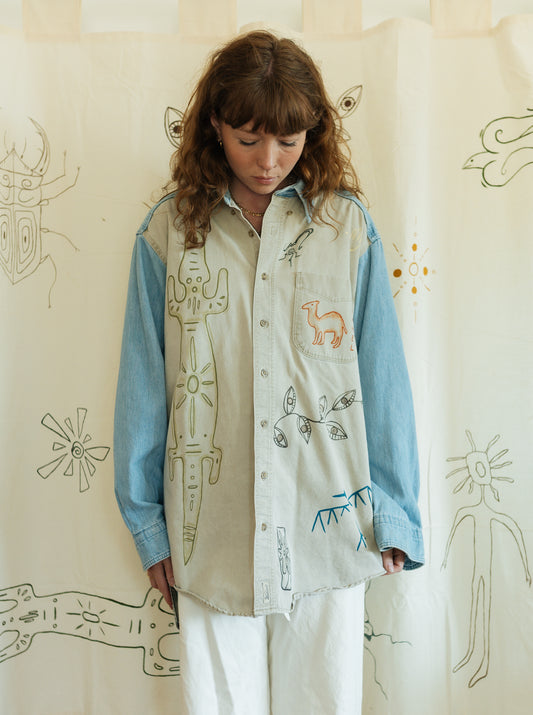 Denim & tan long sleeve button- Earth in outlines