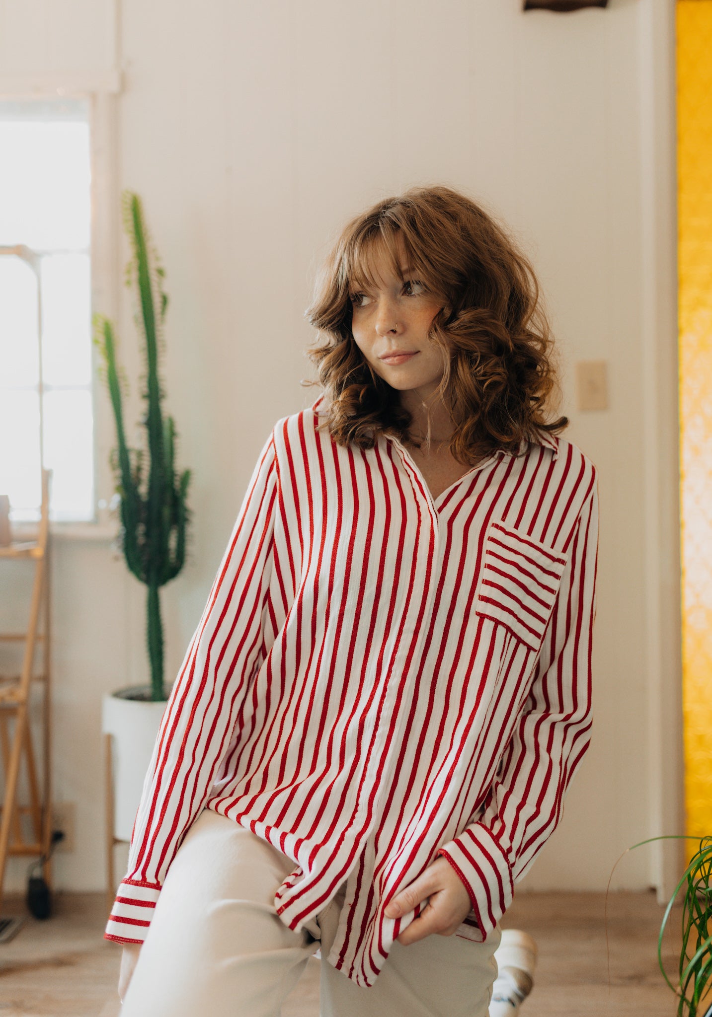 Red & white striped button up long sleeve