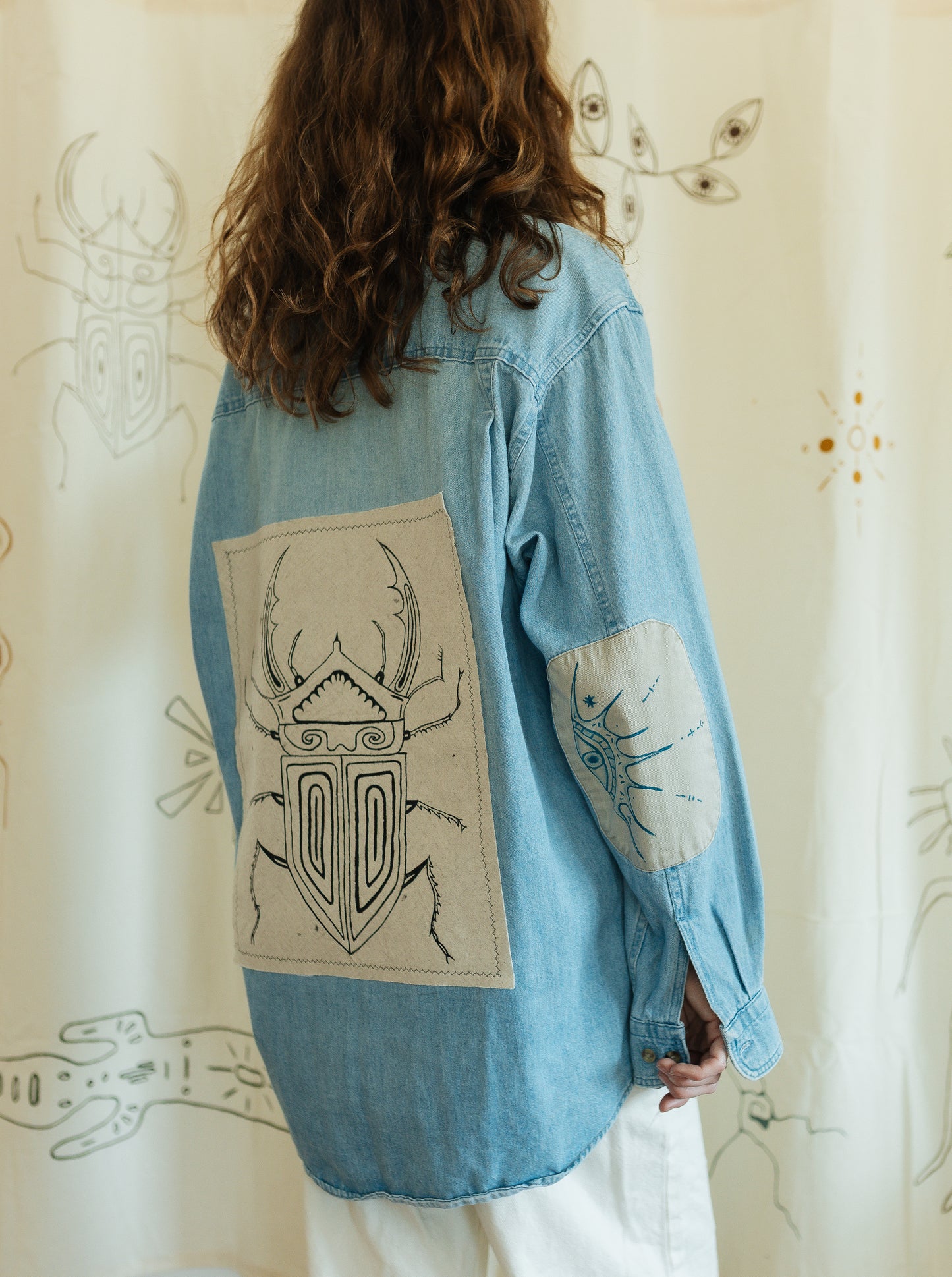 Denim & tan long sleeve button- Earth in outlines