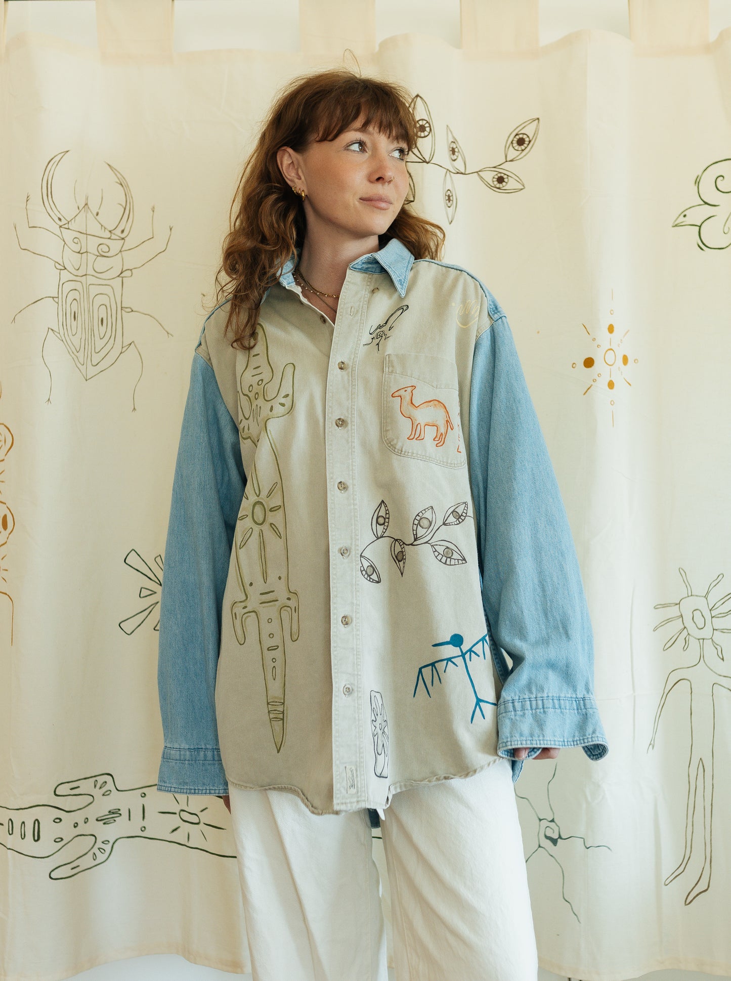 Denim & tan long sleeve button- Earth in outlines