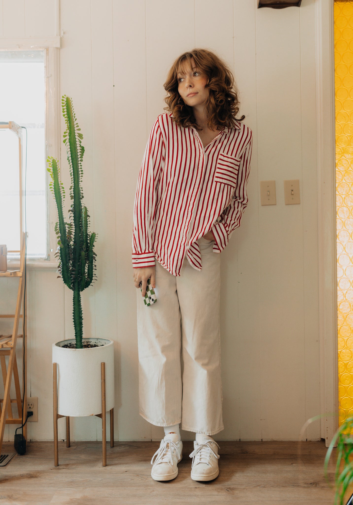 Red & white striped button up long sleeve