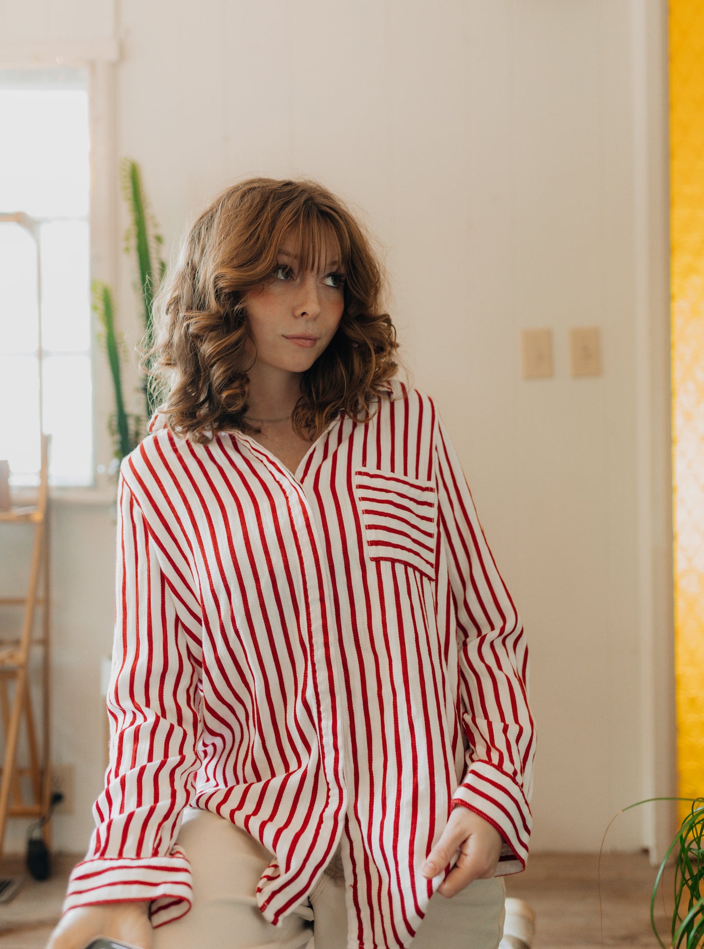 Red & white striped button up long sleeve