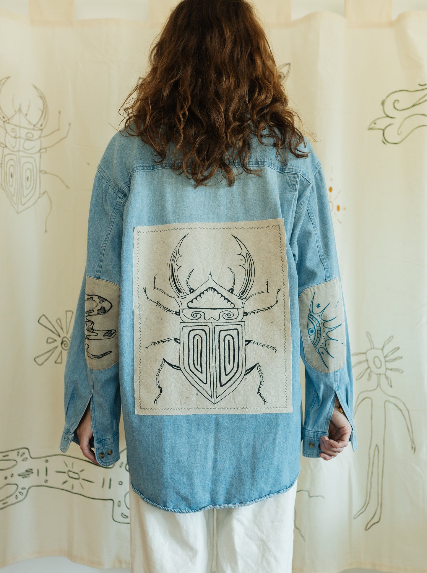 Denim & tan long sleeve button- Earth in outlines