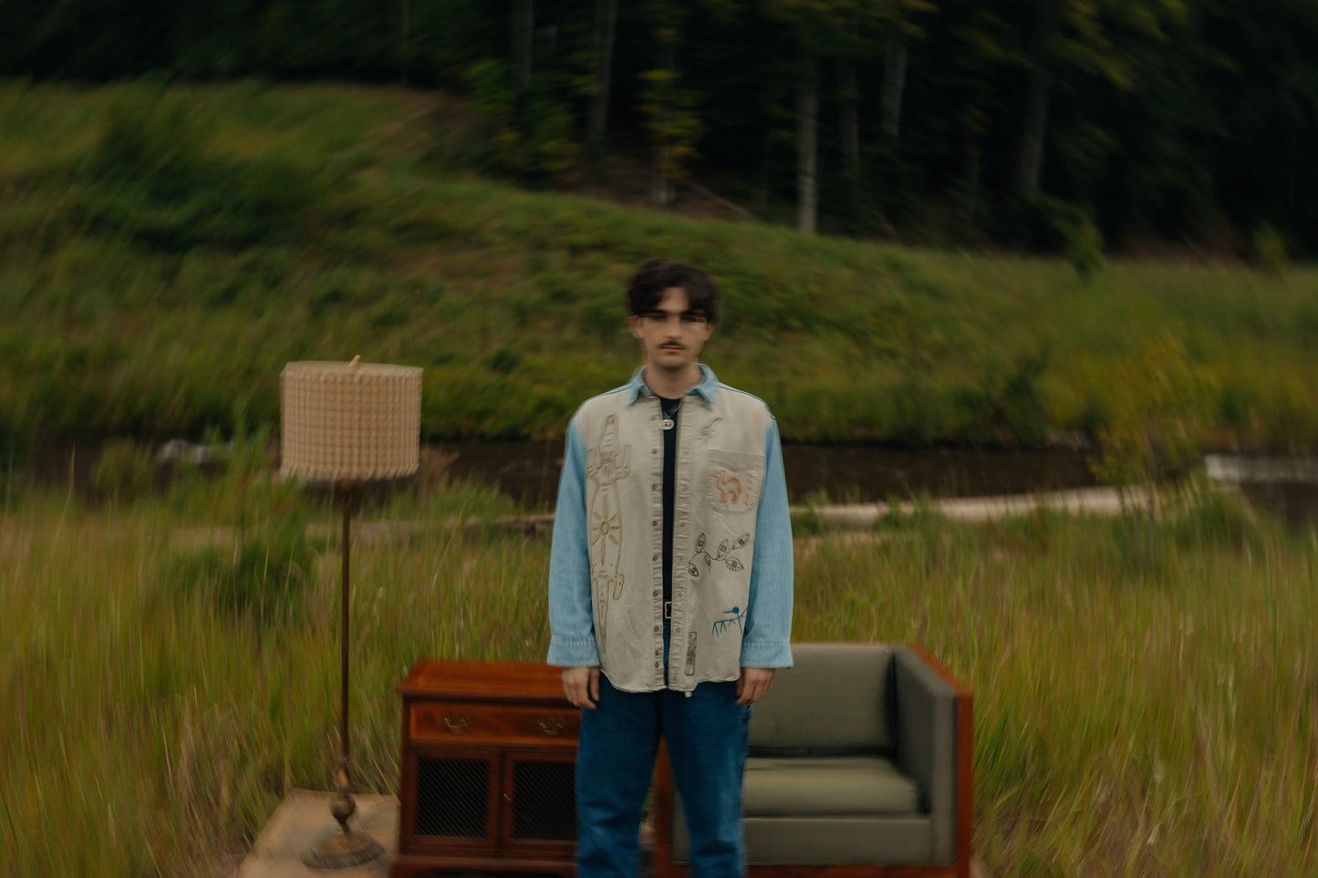 Denim & tan long sleeve button- Earth in outlines