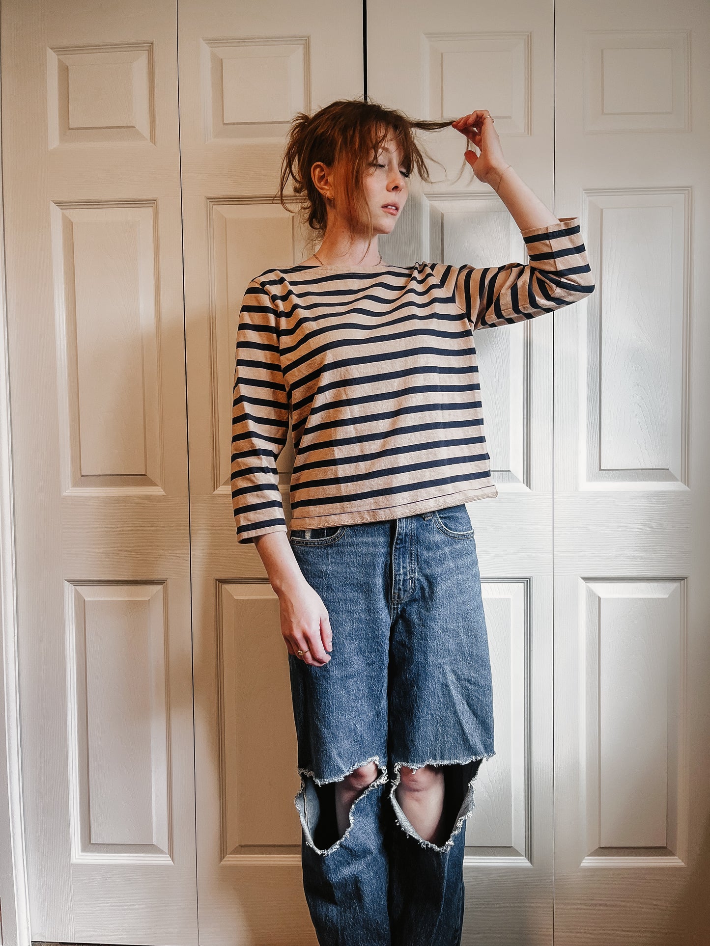 3/4 Navy and Tan Striped Top