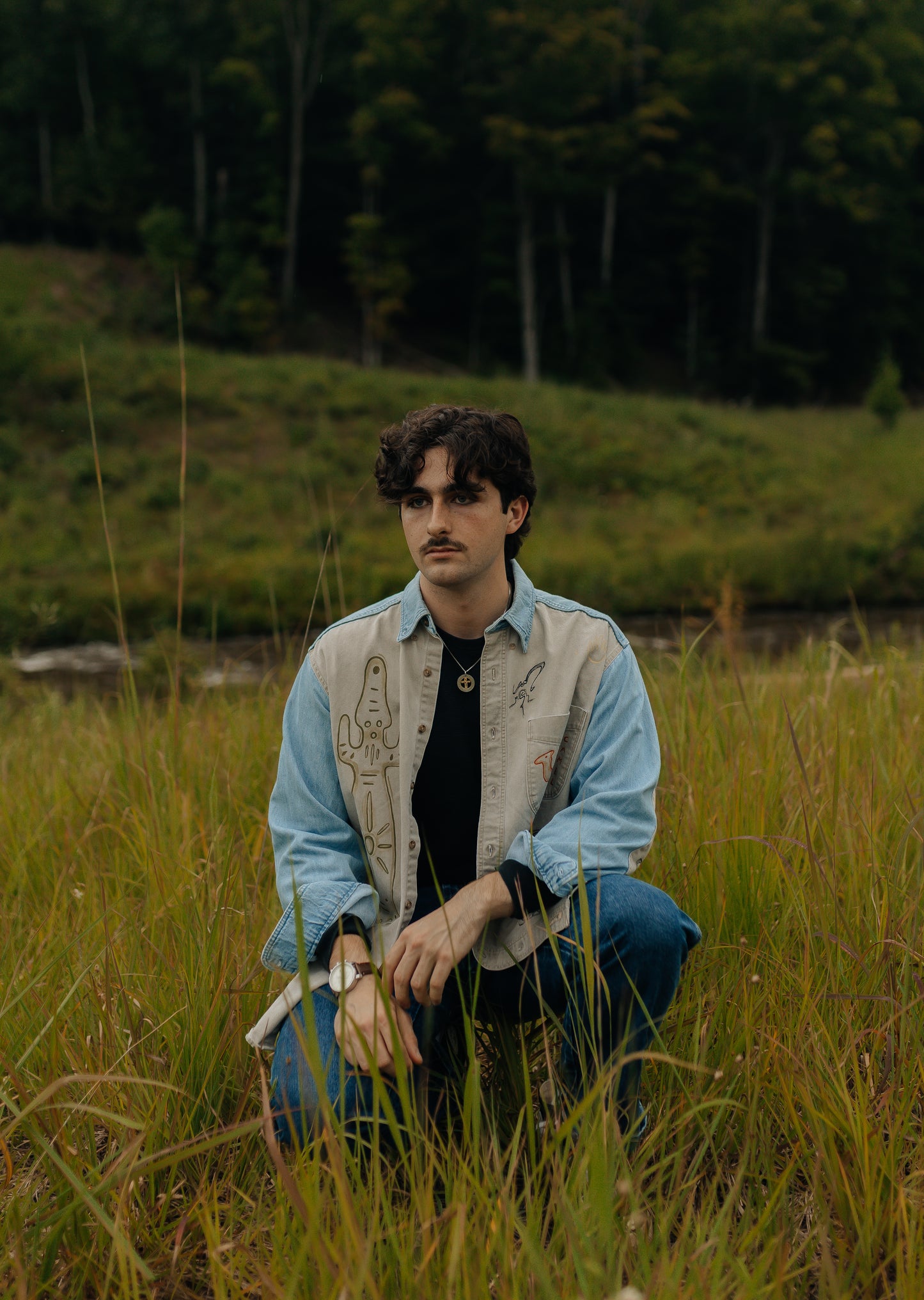Denim & tan long sleeve button- Earth in outlines