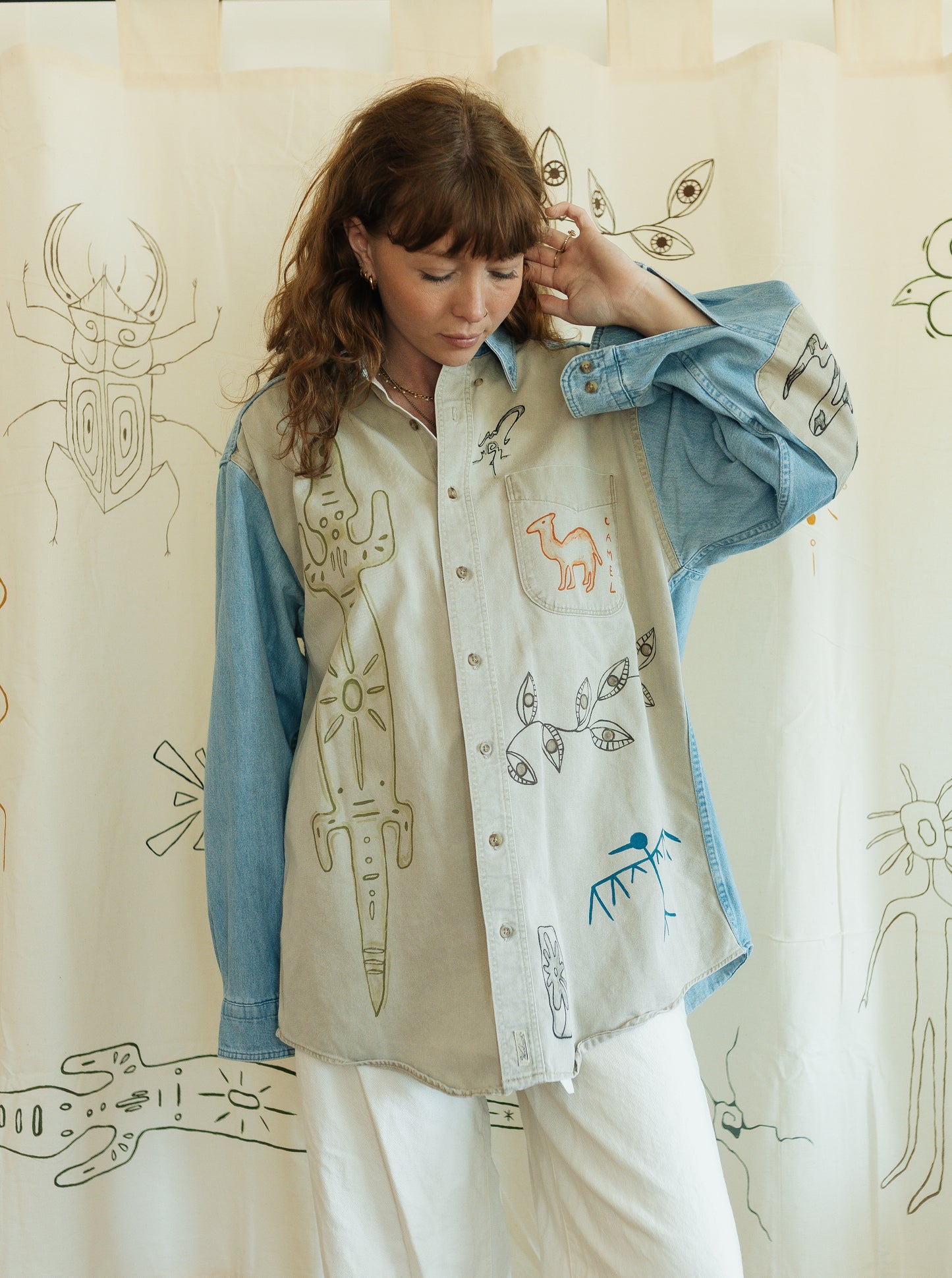 Denim & tan long sleeve button- Earth in outlines