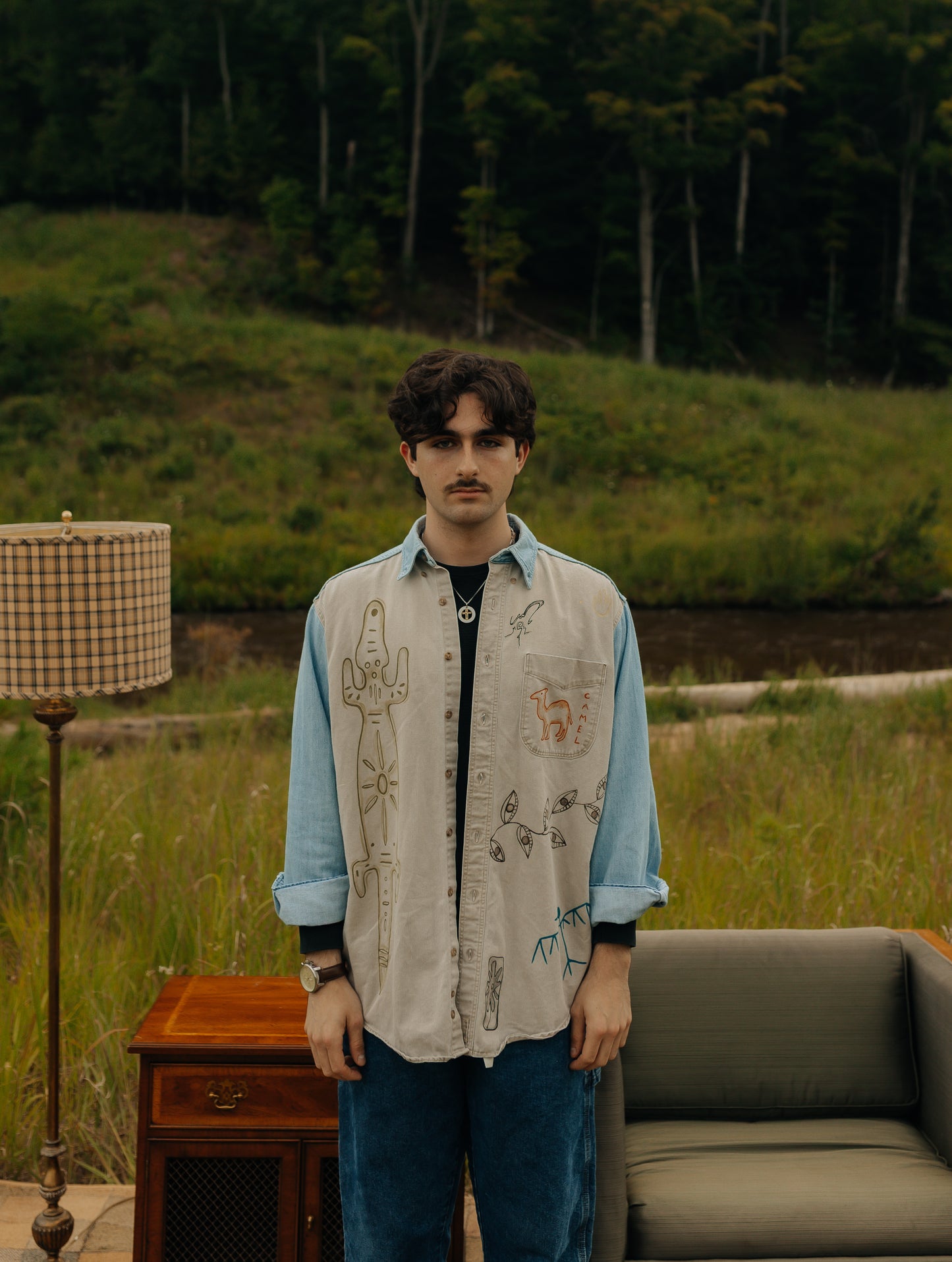 Denim & tan long sleeve button- Earth in outlines