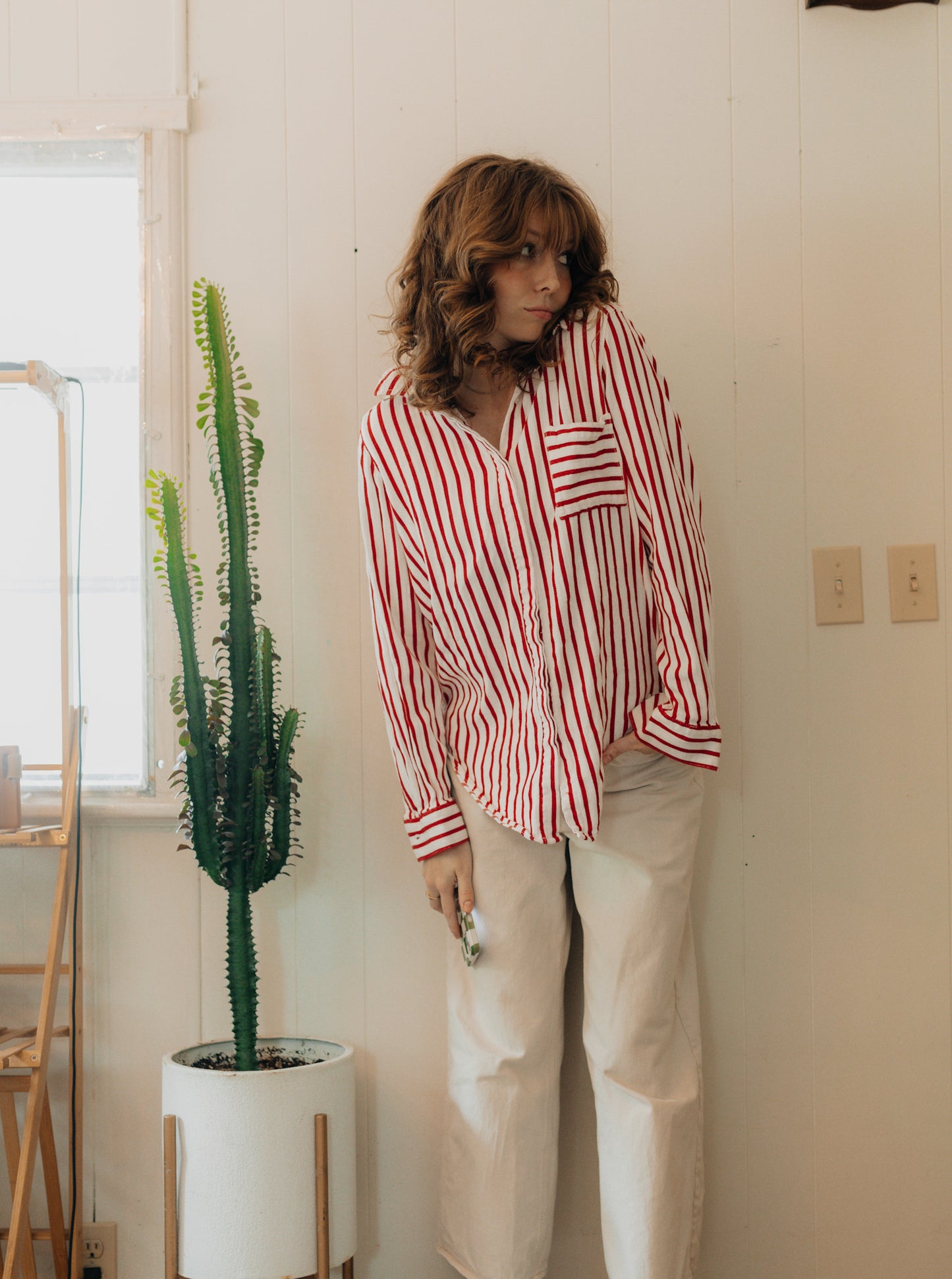 Red & white striped button up long sleeve