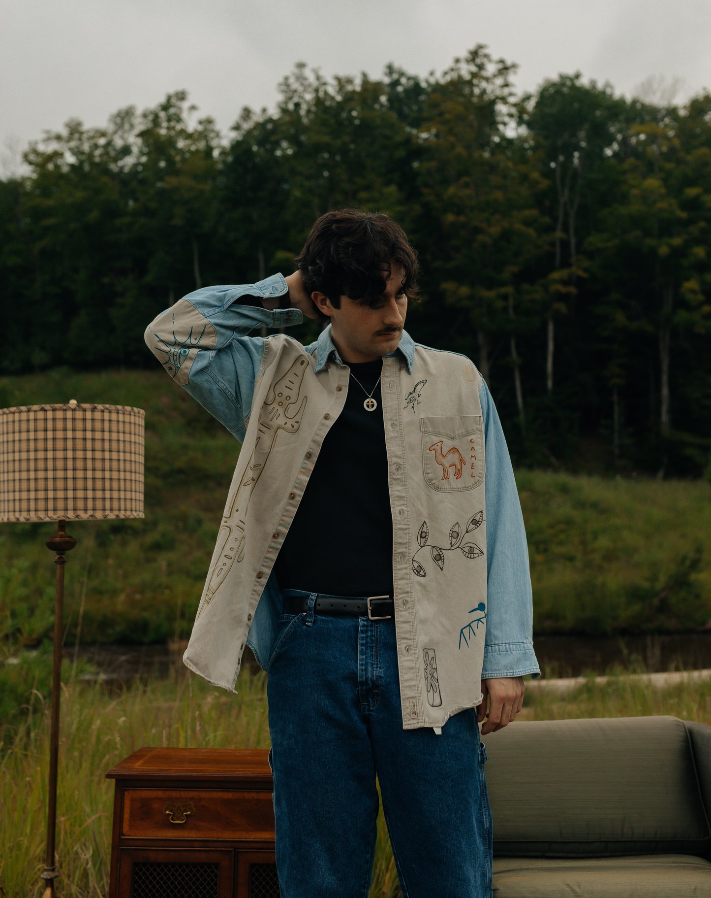 Denim & tan long sleeve button- Earth in outlines