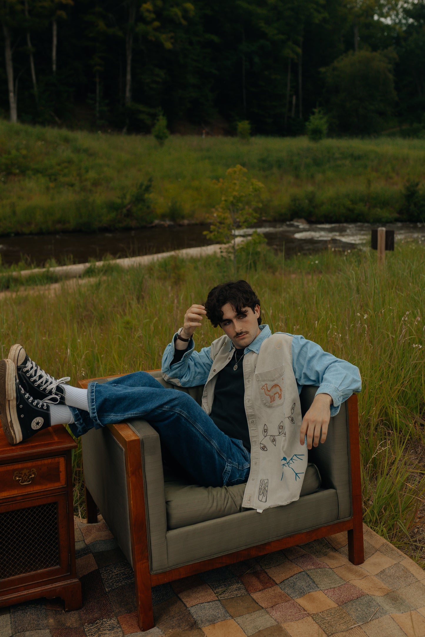 Denim & tan long sleeve button- Earth in outlines