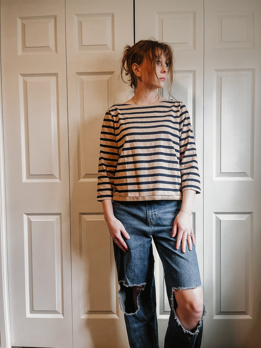 3/4 Navy and Tan Striped Top