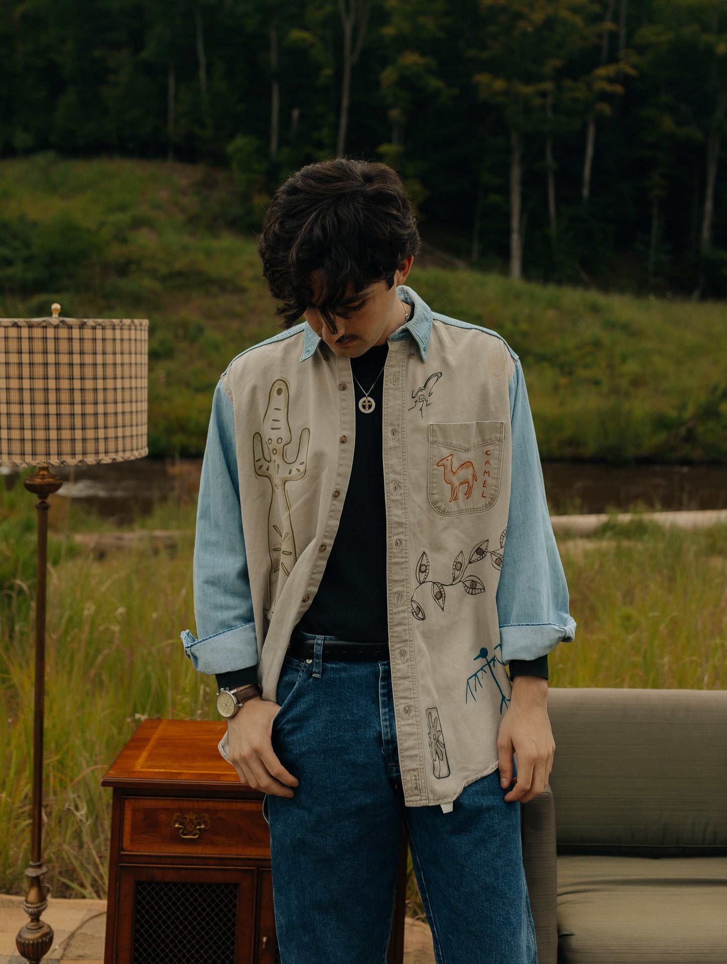 Denim & tan long sleeve button- Earth in outlines