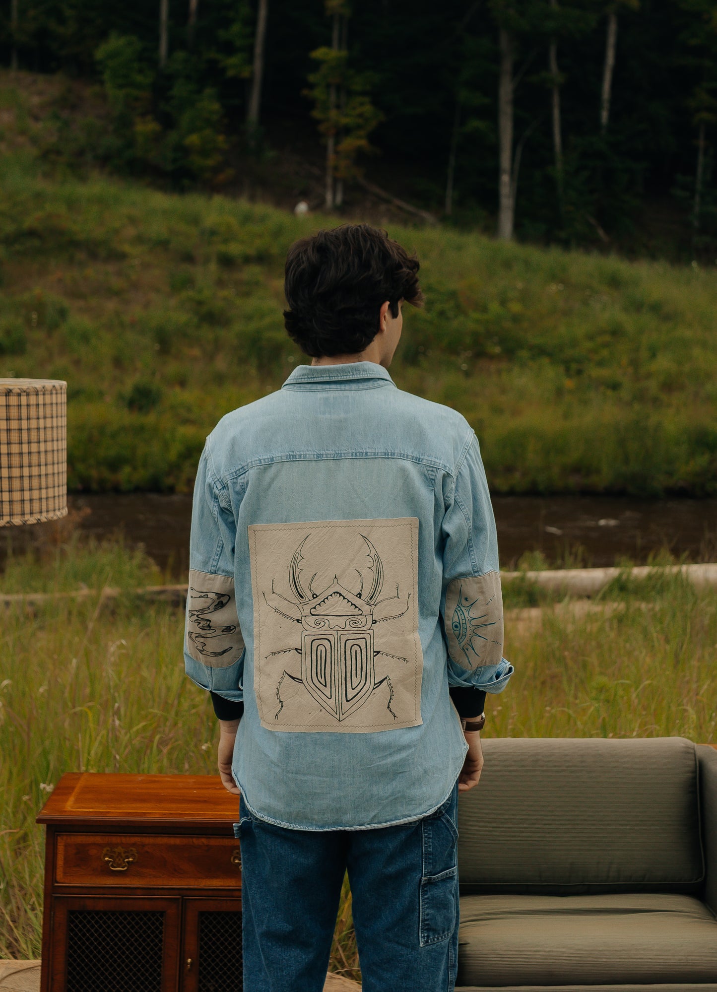 Denim & tan long sleeve button- Earth in outlines