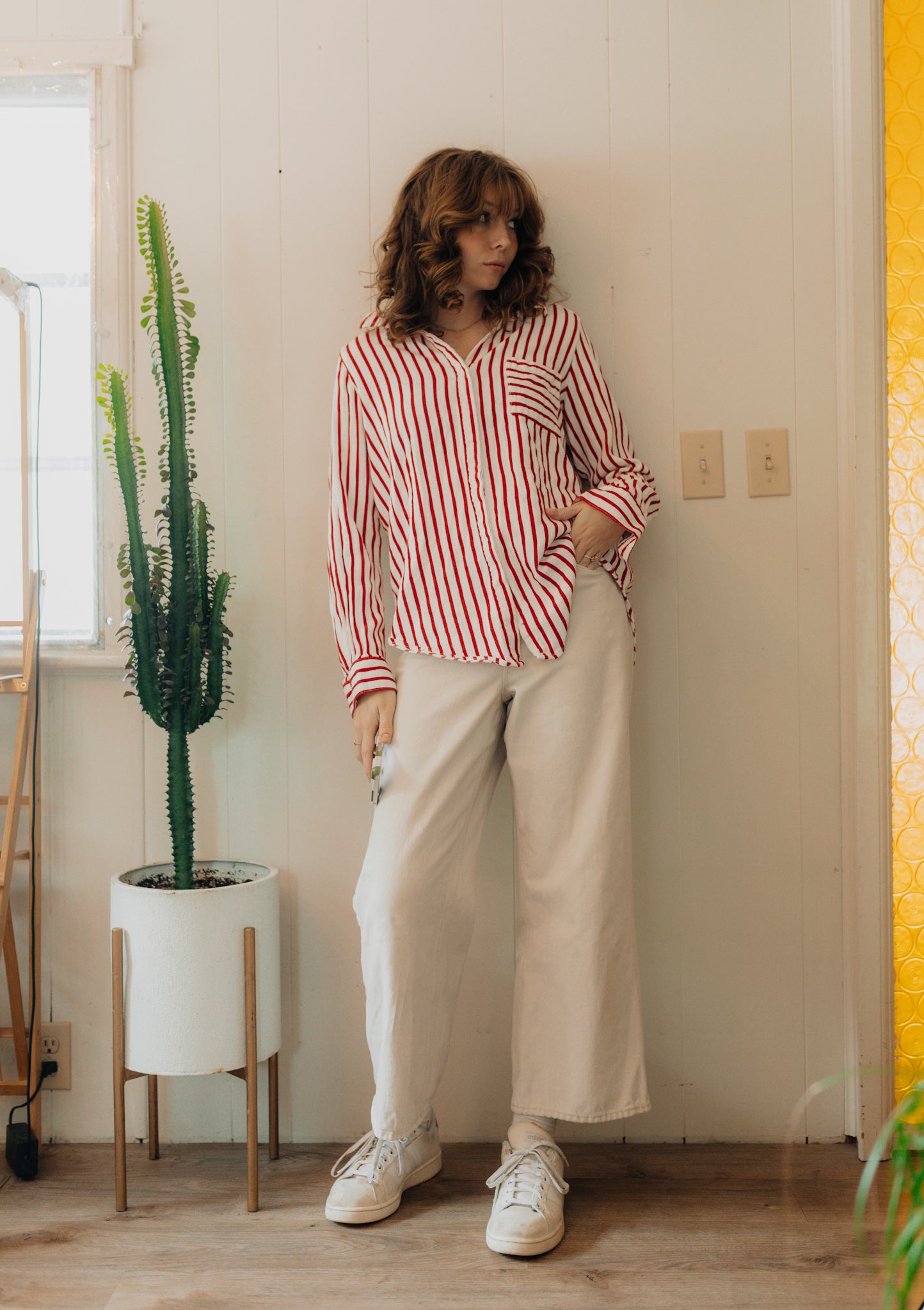 Red & white striped button up long sleeve