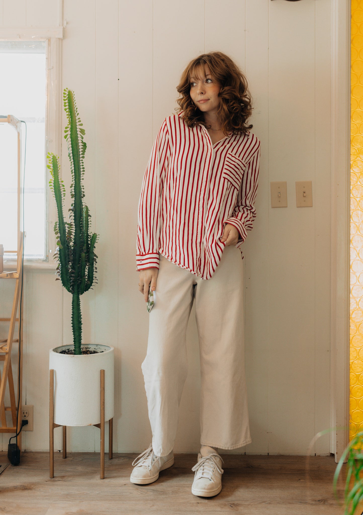 Red & white striped button up long sleeve