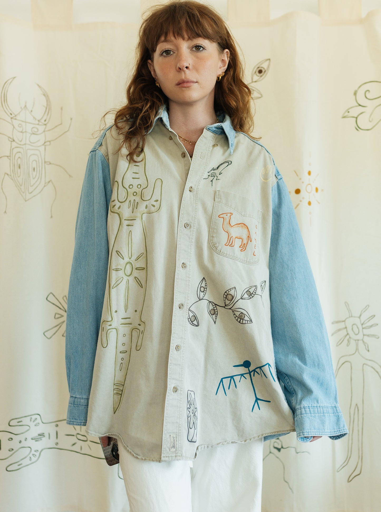 Denim & tan long sleeve button- Earth in outlines
