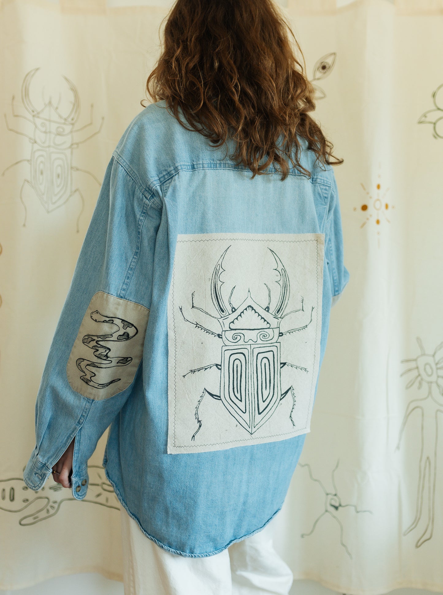 Denim & tan long sleeve button- Earth in outlines