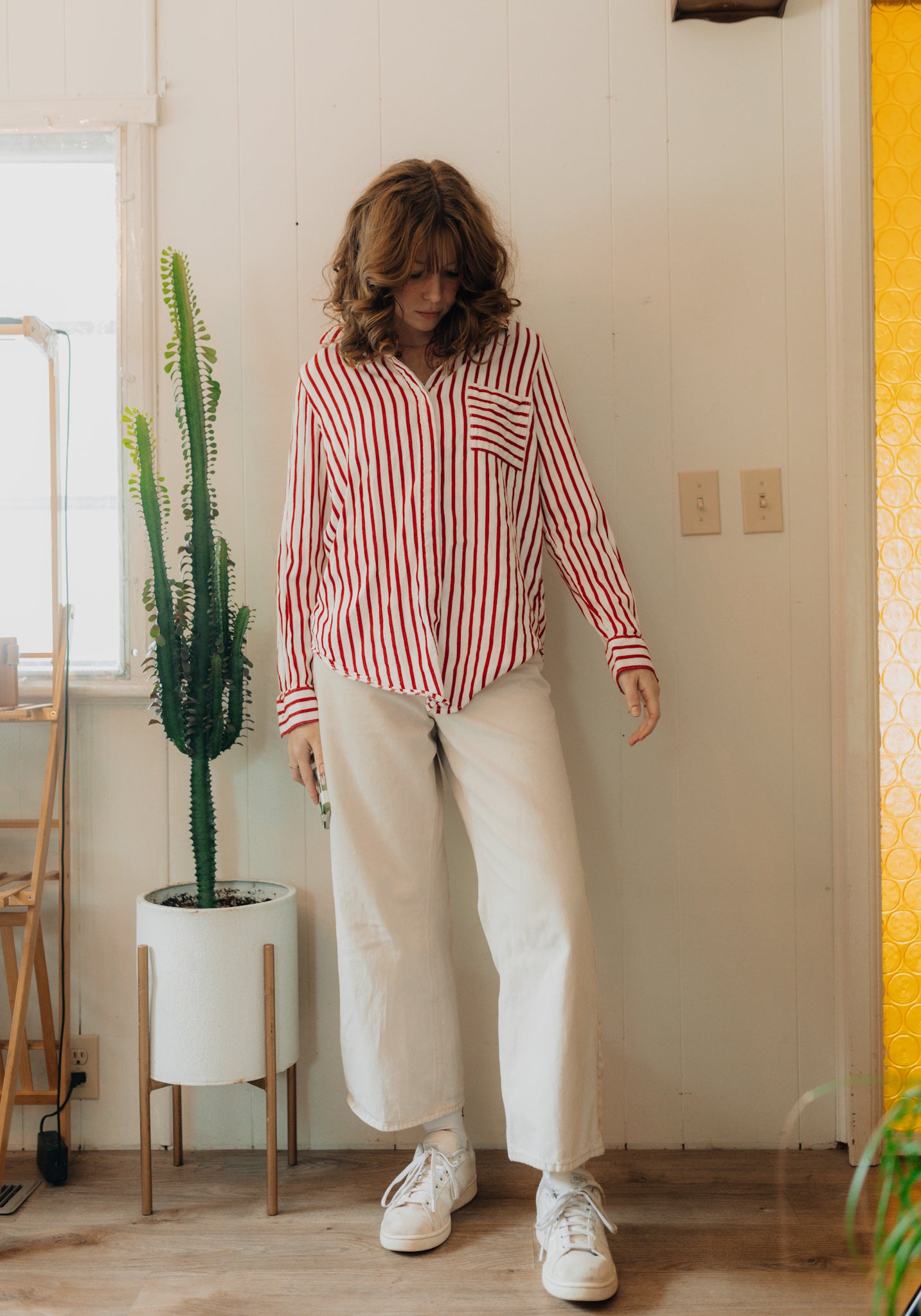 Red & white striped button up long sleeve