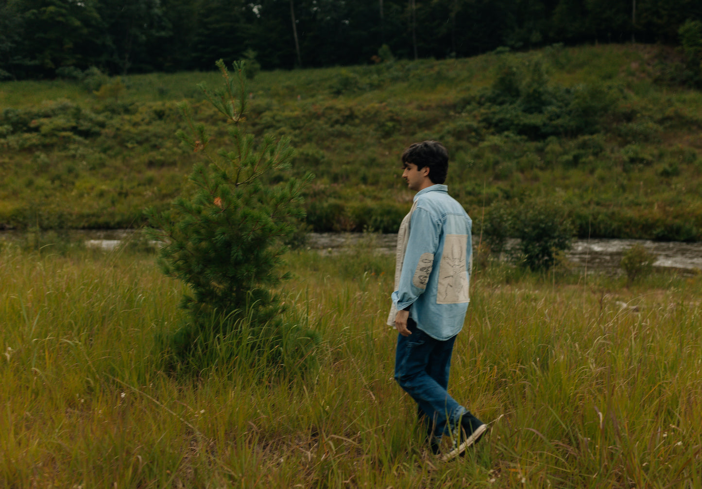Denim & tan long sleeve button- Earth in outlines