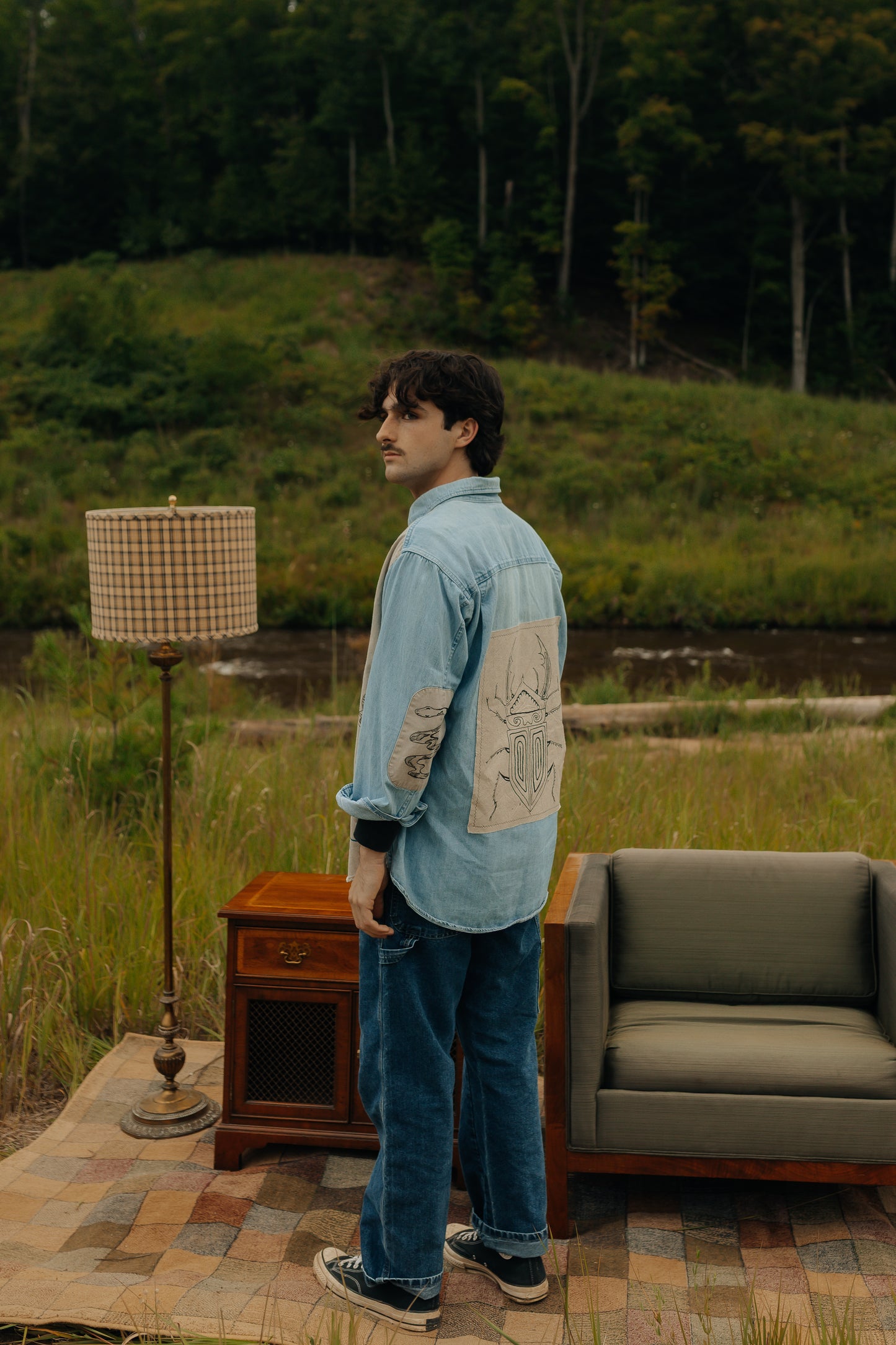 Denim & tan long sleeve button- Earth in outlines
