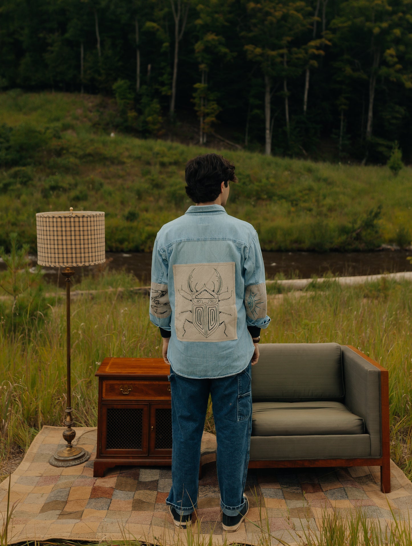 Denim & tan long sleeve button- Earth in outlines