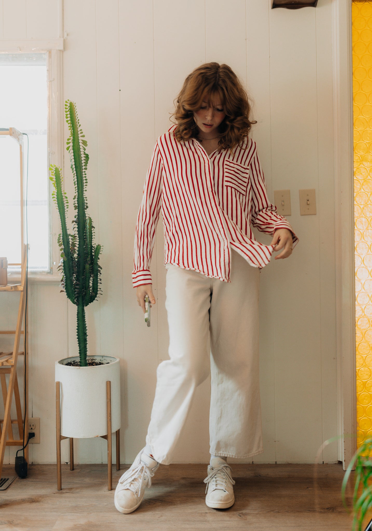 Red & white striped button up long sleeve